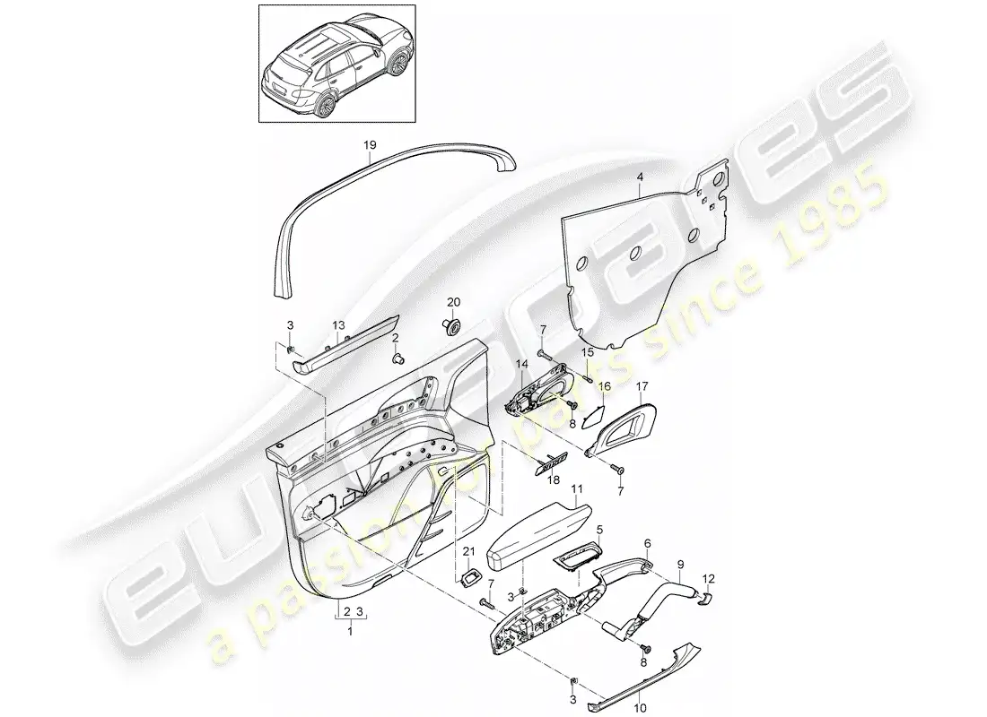 porsche 2013 (cayenne e2 92a) diagrama de piezas del panel de puerta