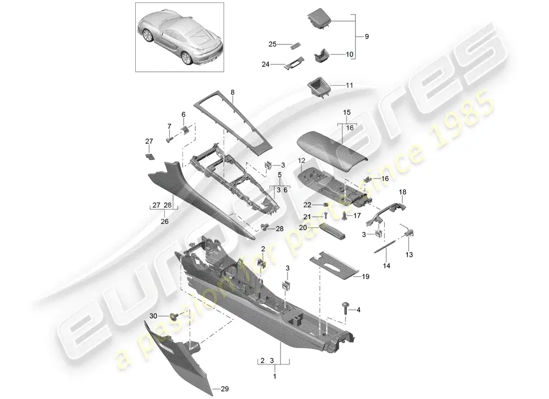 porsche 2016 (981 cayman gt4) center console diagrama de piezas