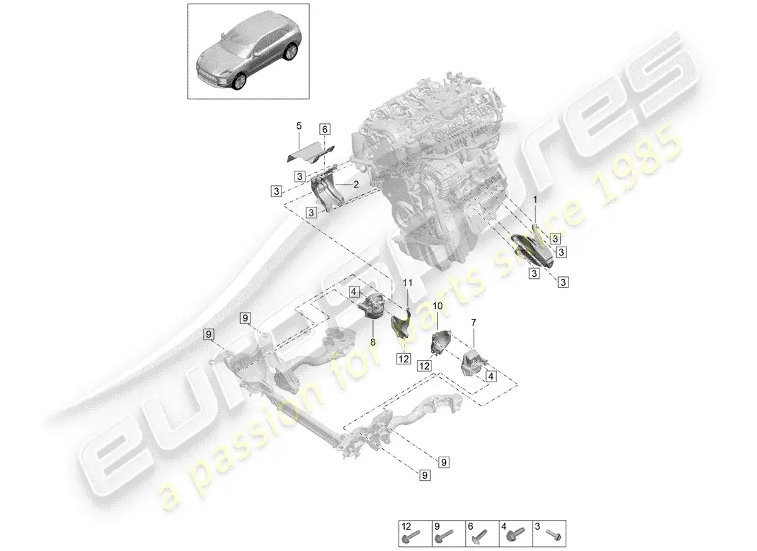 porsche 2019 (macan) dispositivo de elevación del motor diagrama de piezas