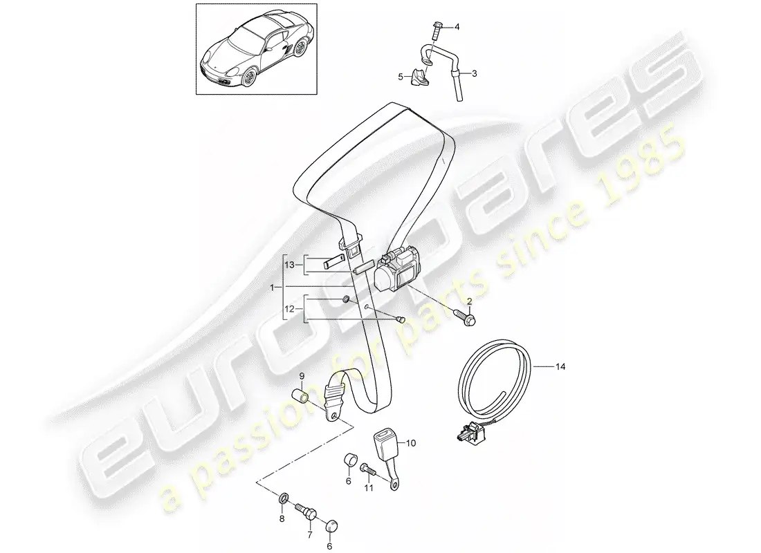 porsche 2009 (987 cayman) cinturón de seguridad de tres puntos diagrama de piezas