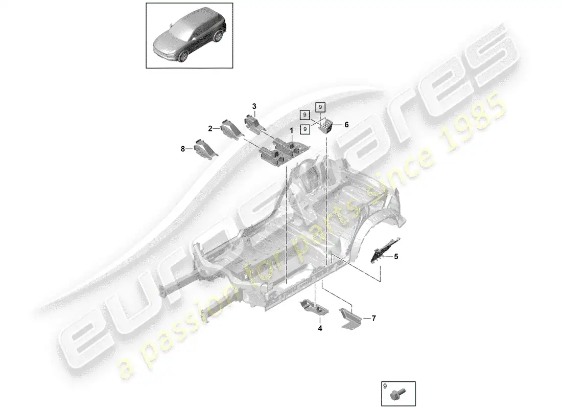 porsche 2018 (cayenne e3 9ya/9yb) placas de piso diagrama de piezas