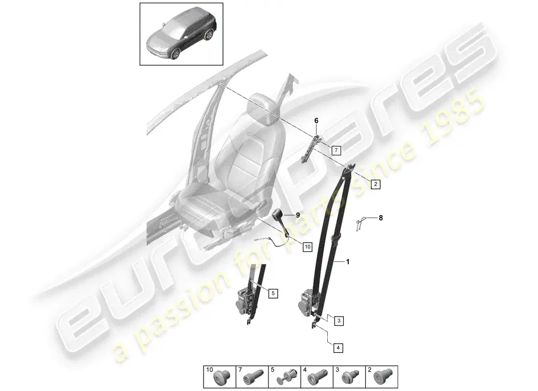porsche 2018 (cayenne e3 9ya/9yb) cinturón de seguridad de tres puntos diagrama de piezas