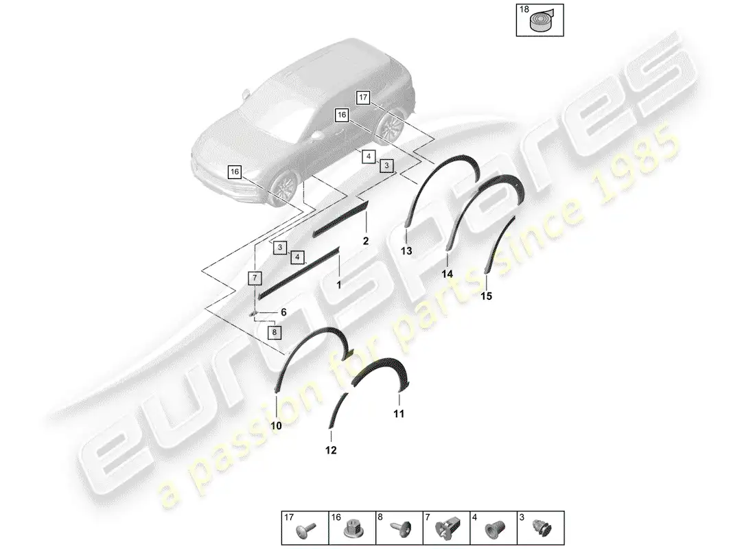 porsche 2018 (cayenne e3 9ya/9yb) cubierta del paso de rueda diagrama de piezas