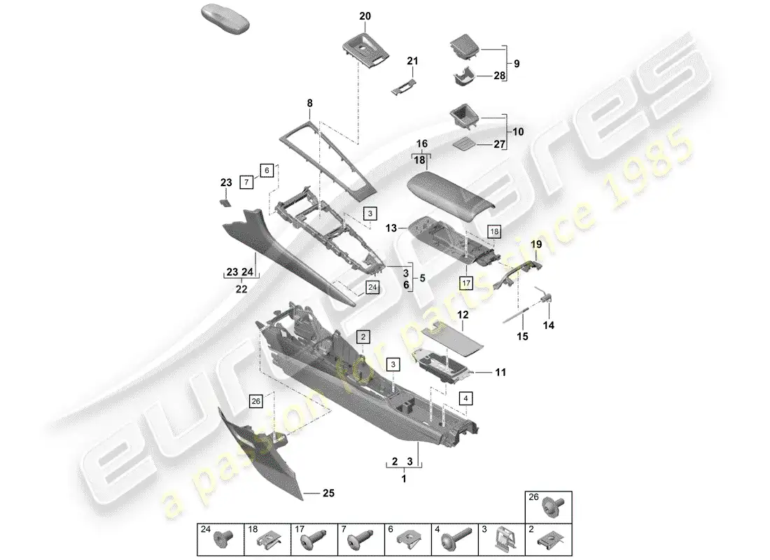 porsche 2020 (718 boxster spyder) center console diagrama de piezas