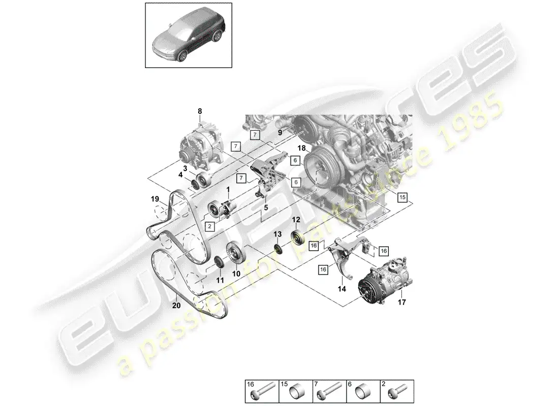 porsche 2018 (cayenne e3 9ya/9yb) cinturón acanalado en v diagrama de piezas