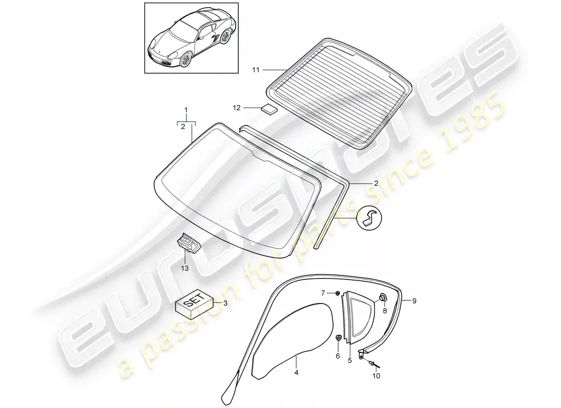 porsche 2012 (987 cayman) acristalamiento de ventanas diagrama de piezas