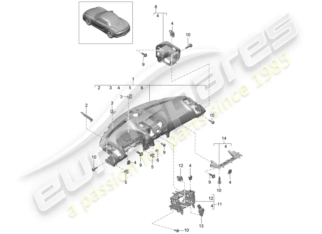 porsche 2016 (981 boxster) moldura del panel de instrumentos diagrama de piezas