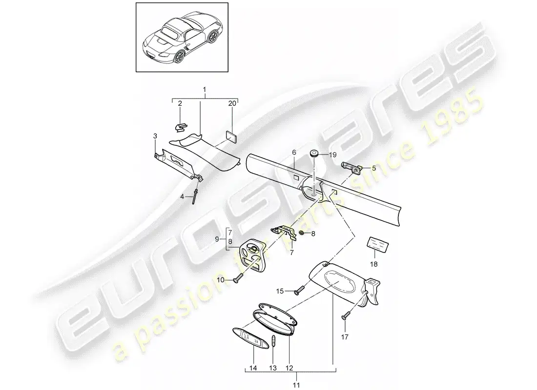 porsche 2012 (987 boxster) marco del parabrisas diagrama de piezas