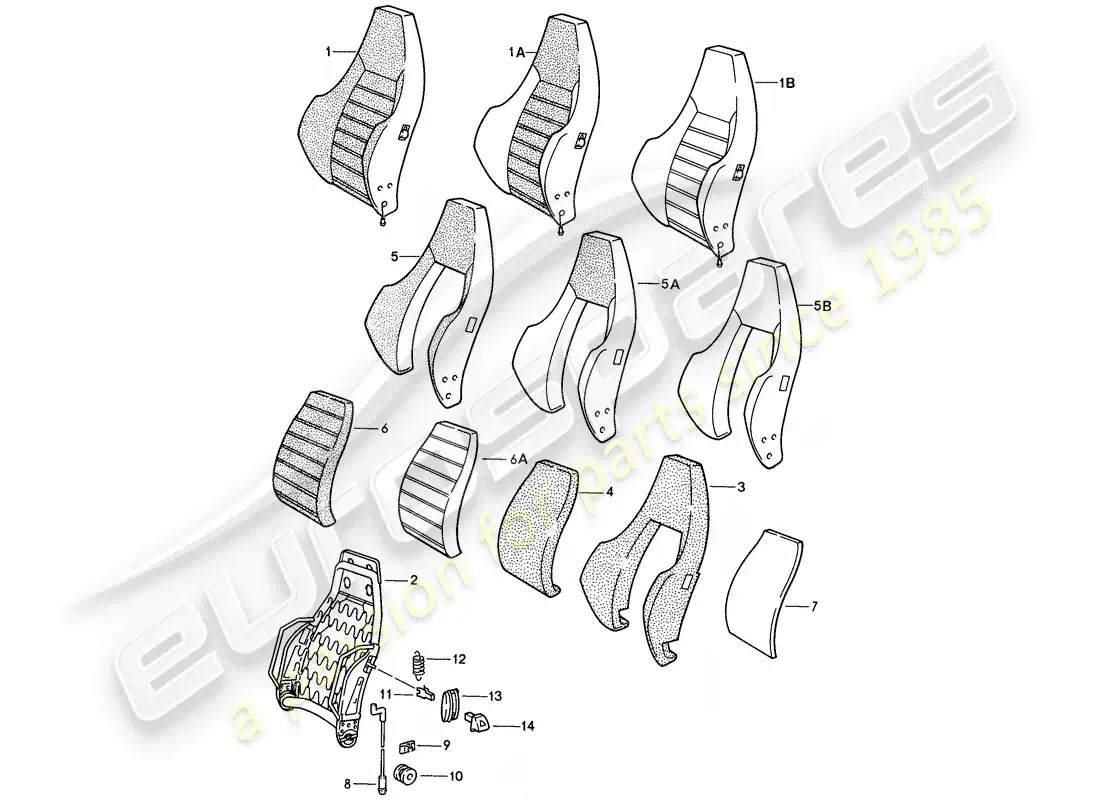 porsche 1988 (924s) asiento deportivo - respaldo - piezas individuales diagrama de piezas