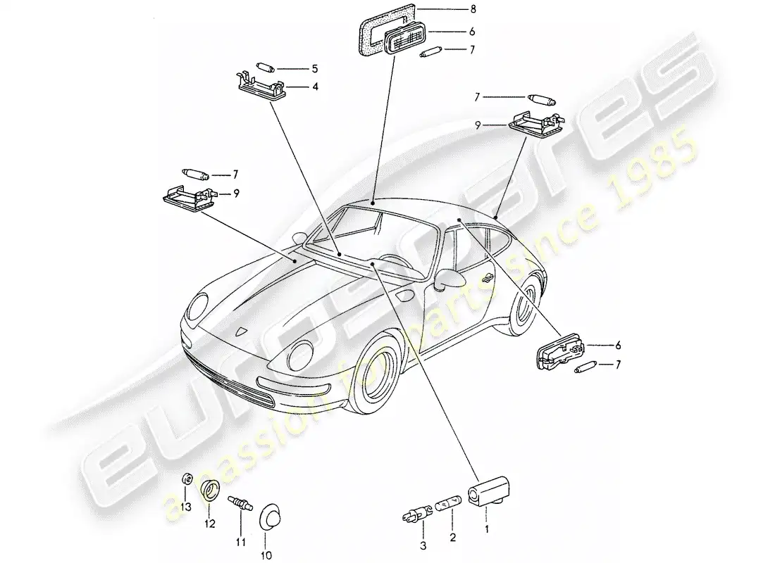 porsche 1995 (993) luces interiores - luz del maletero - luz del maletero del motor diagrama de piezas