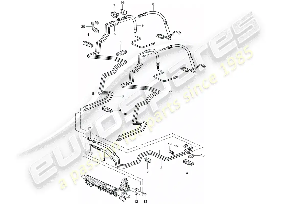 porsche 2004 (996 gt3) dirección asistida - líneas diagrama de piezas
