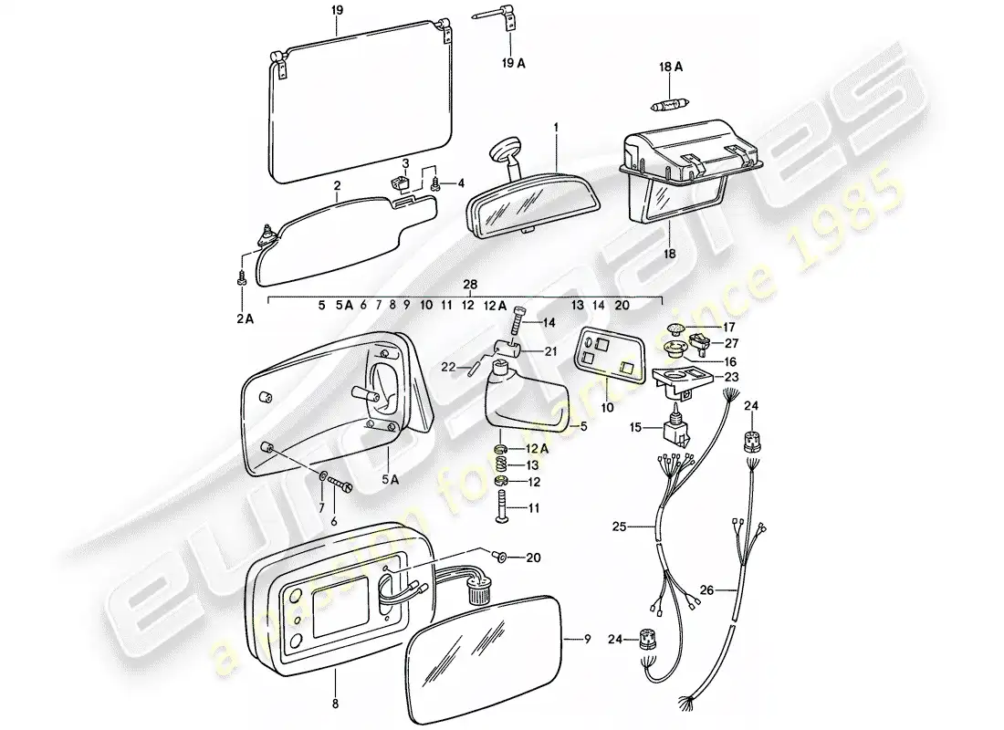 porsche 1981 (928) visera solar - espejo retrovisor - espejo retrovisor interior - espejo de tocador diagrama de piezas