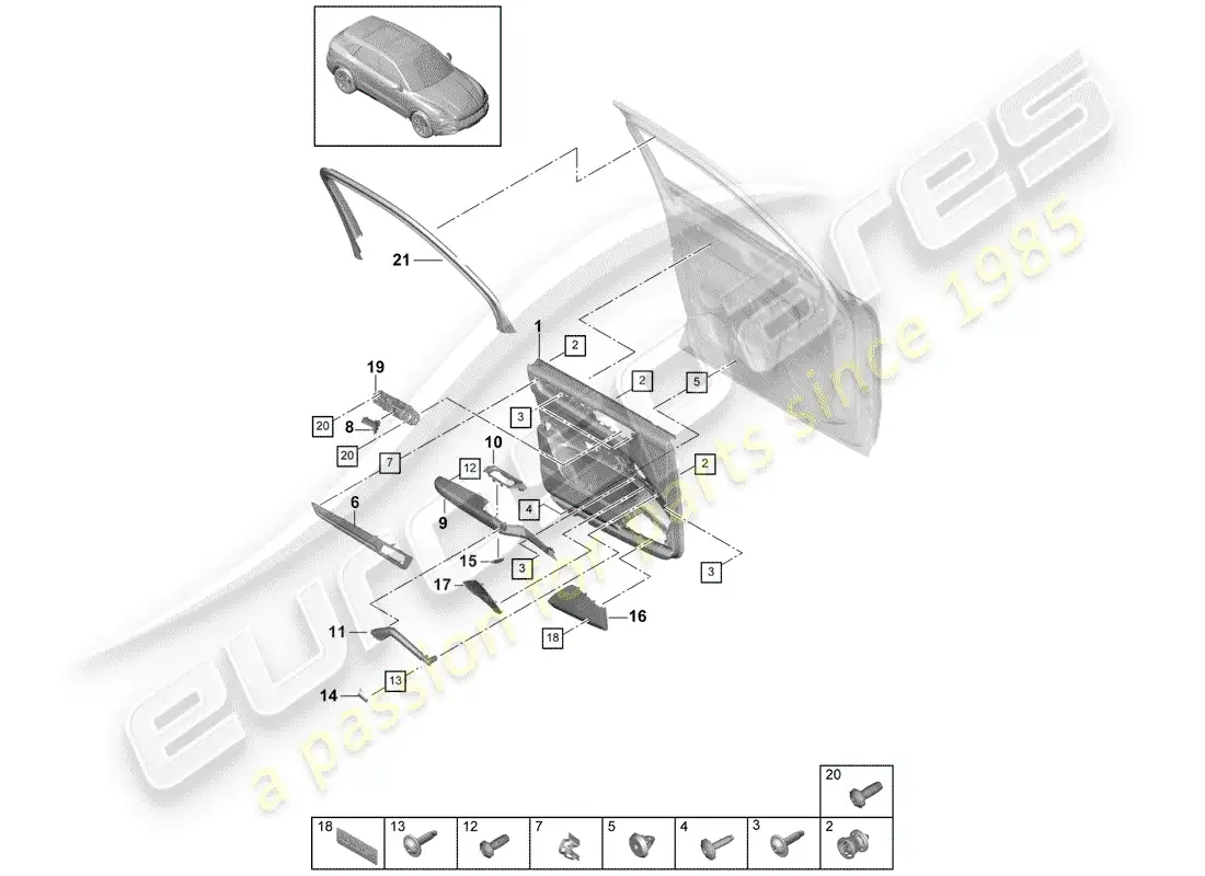 porsche 2018 (cayenne e3 9ya/9yb) panel de la puerta diagrama de piezas