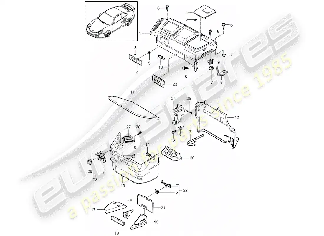 porsche 2011 (997-2 turbo / gt2 rs) diagrama de piezas del compartimiento de equipaje