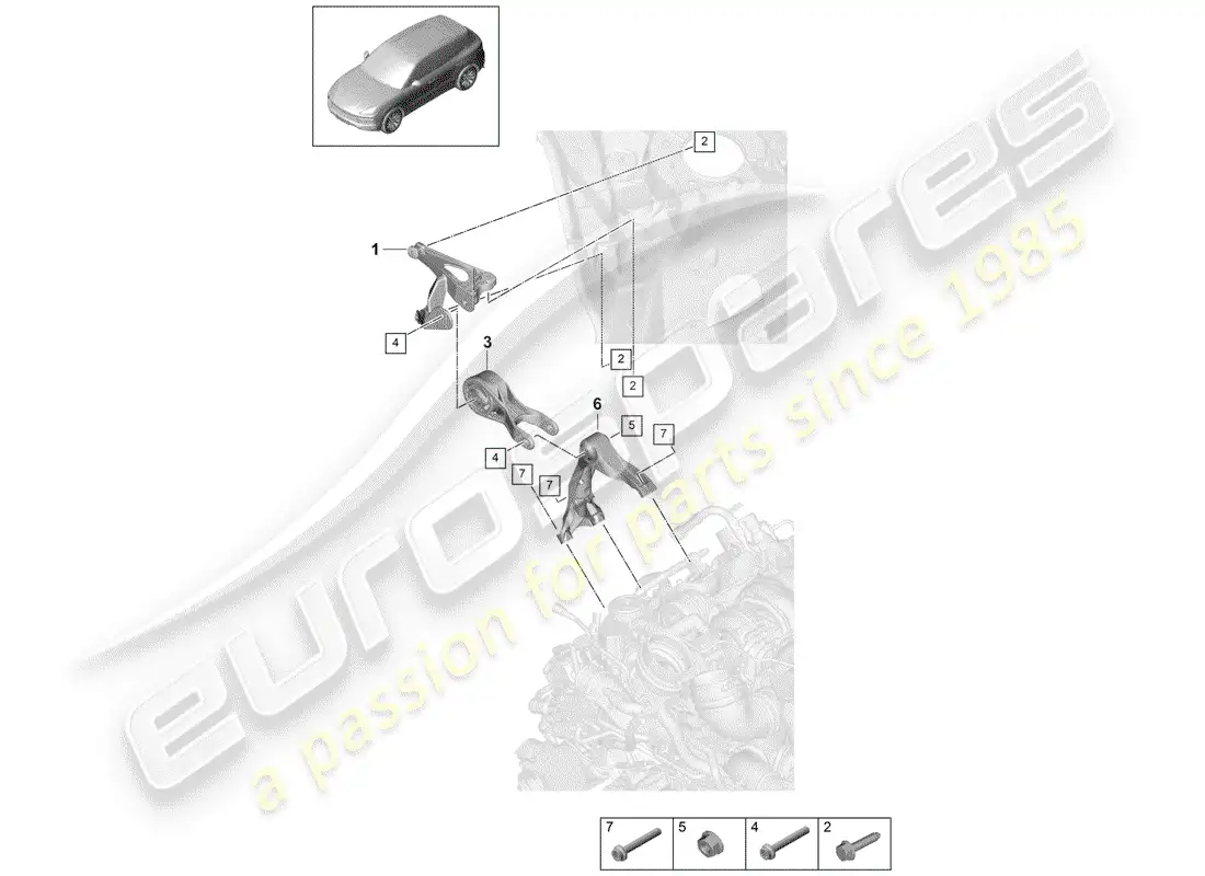 porsche 2020 (cayenne e3 9ya/9yb) dispositivo de elevación del motor diagrama de piezas