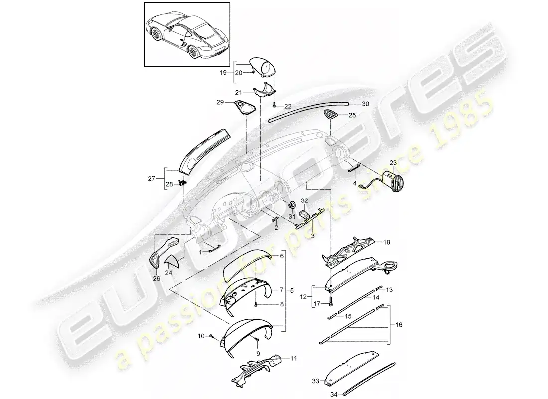 porsche 2009 (987 cayman) moldura del panel de instrumentos diagrama de piezas