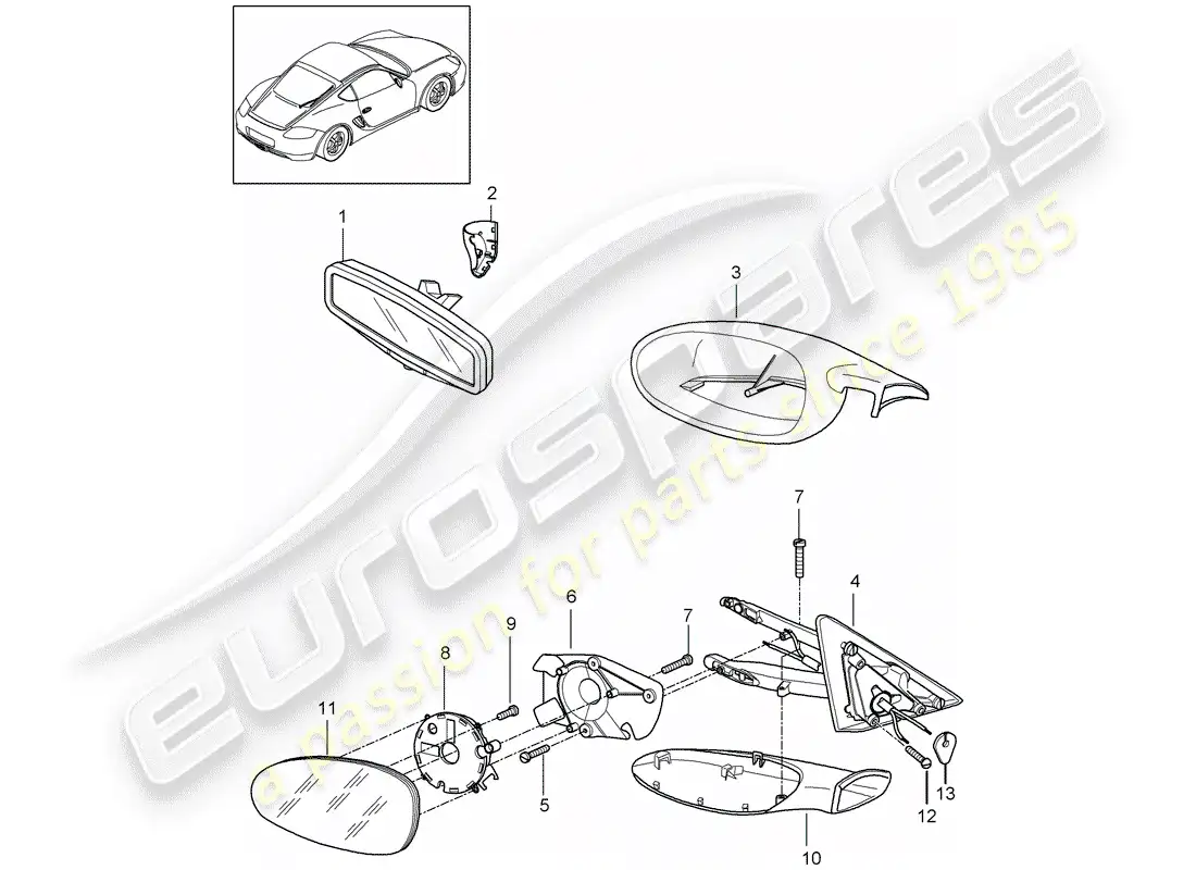 porsche 2009 (987 cayman) espejo retrovisor interior diagrama de piezas