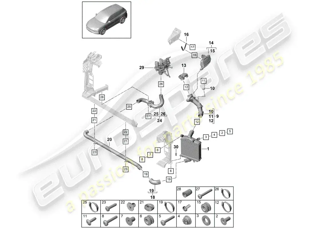 porsche 2019 (cayenne e3 9ya/9yb) enfriador de aire de carga diagrama de piezas