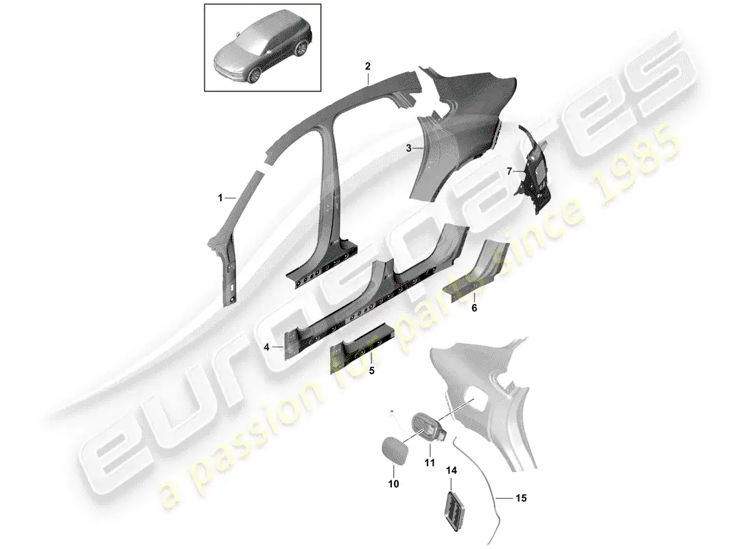 porsche 2019 (cayenne e3 9ya/9yb) panel lateral diagrama de piezas