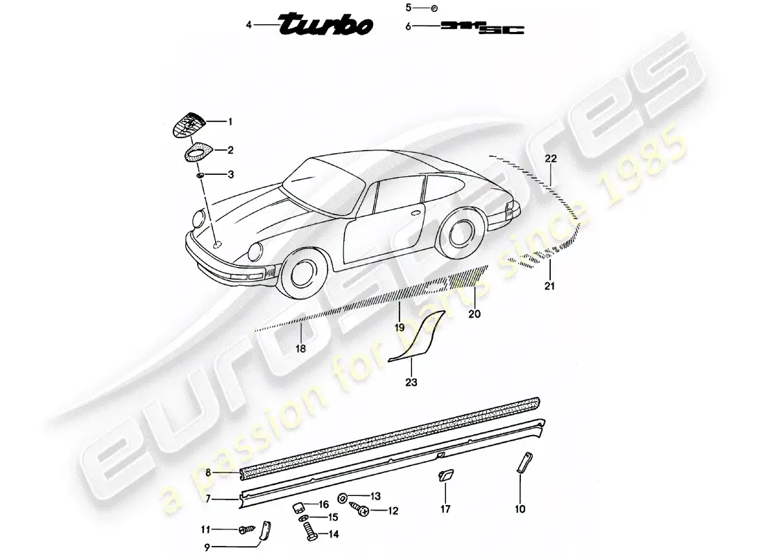 porsche 1980 (911) accesorios decorativos diagrama de piezas