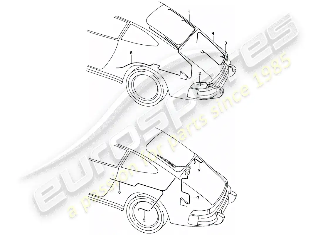 porsche 1987 (911) arneses de cableado - extremo trasero diagrama de piezas