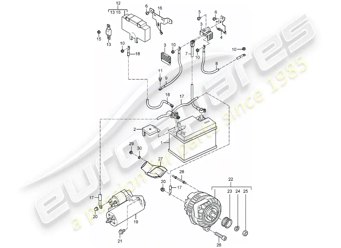 porsche 2005 (carrera gt) bateria - distribuidor de tierra - caja de conexiones - arranque - alternador diagrama de piezas