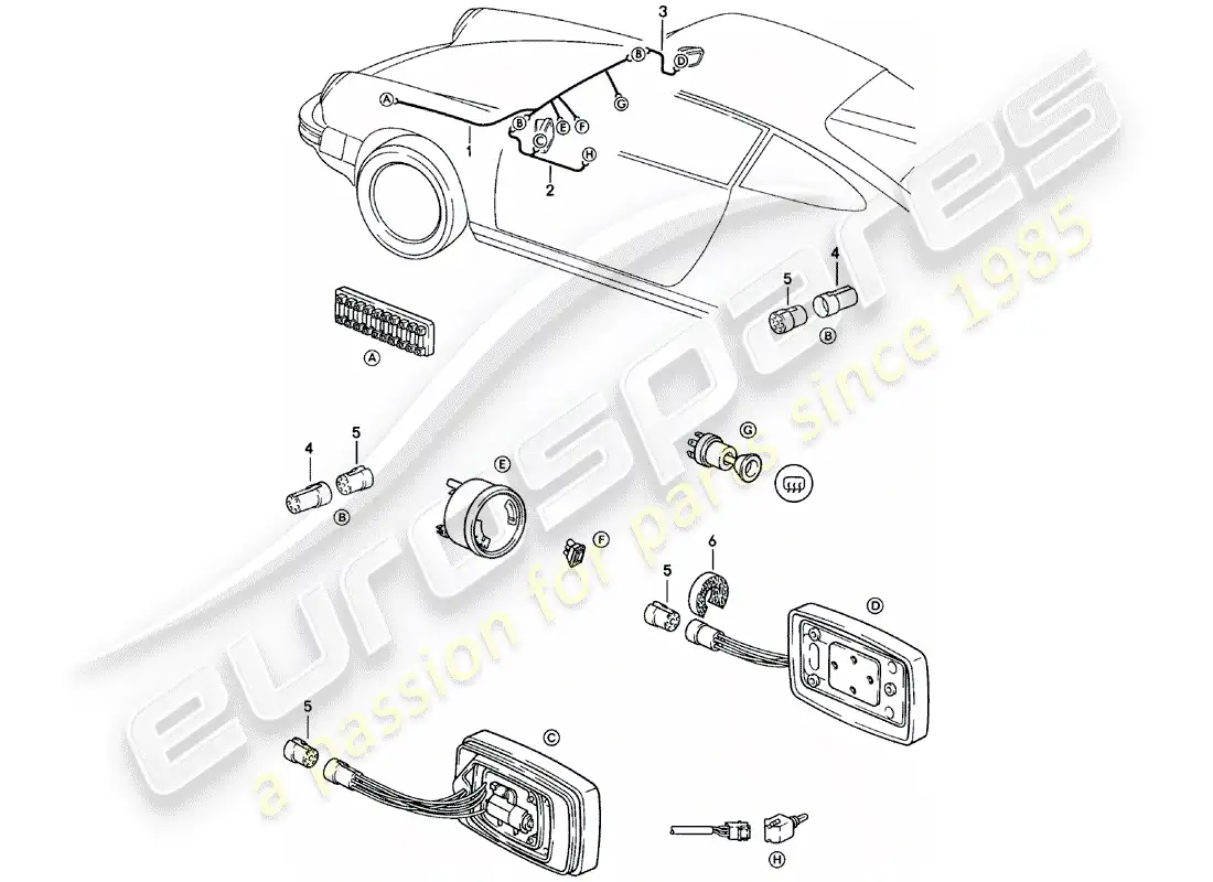 porsche 1983 (911) arneses de cableado - espejo retrovisor diagrama de piezas