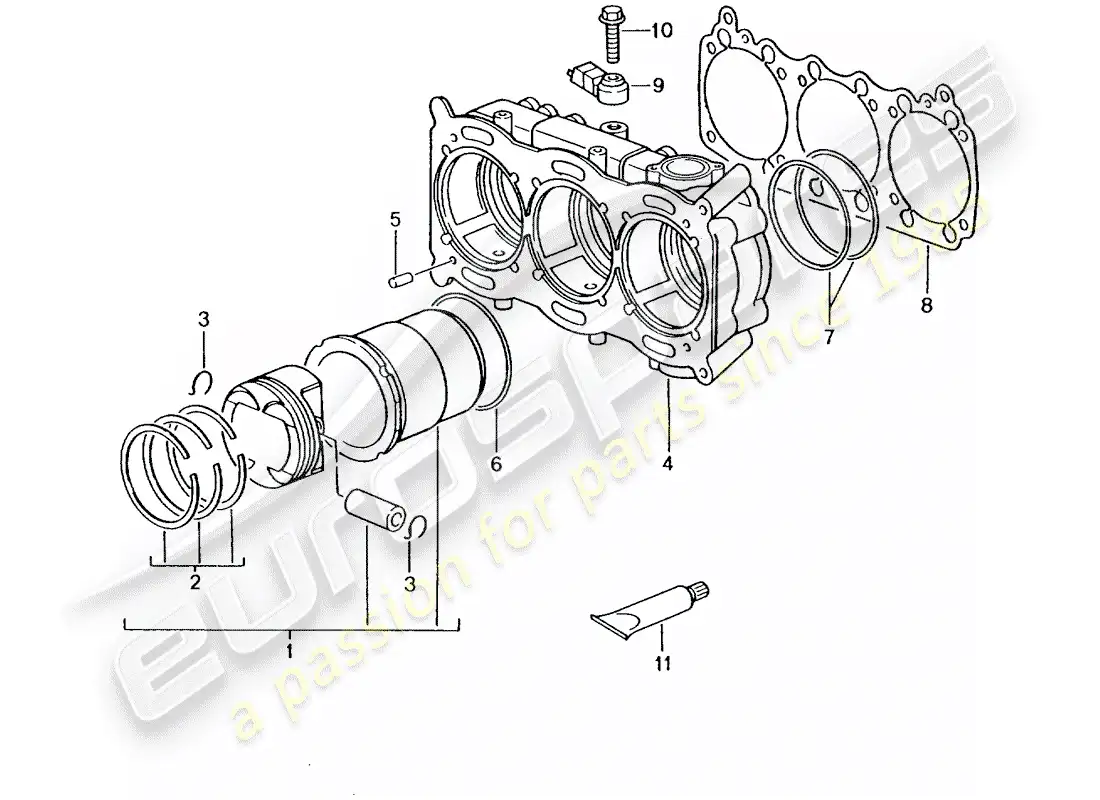 porsche 2001 (996 gt3) cilindro con pistones diagrama de piezas