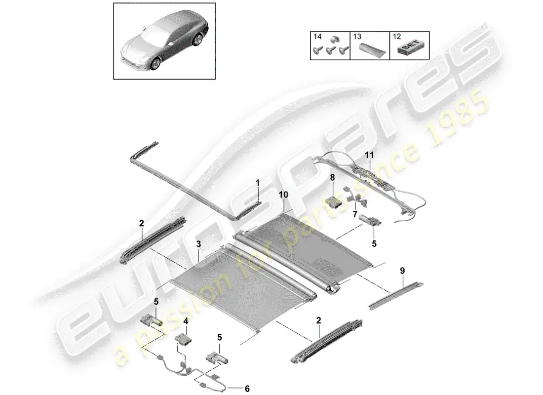 porsche 2020 (panamera 971-1) techo corredizo de cristal diagrama de piezas