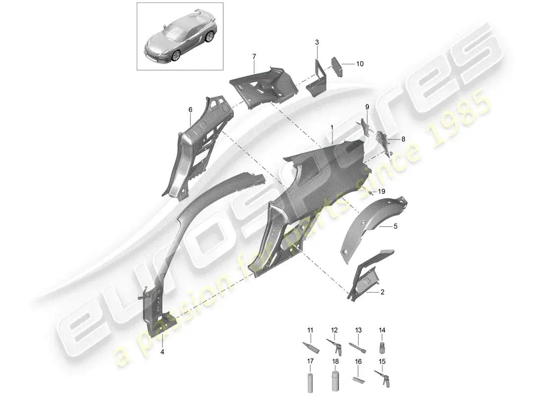 porsche 2016 (981 cayman gt4) diagrama de piezas del panel lateral