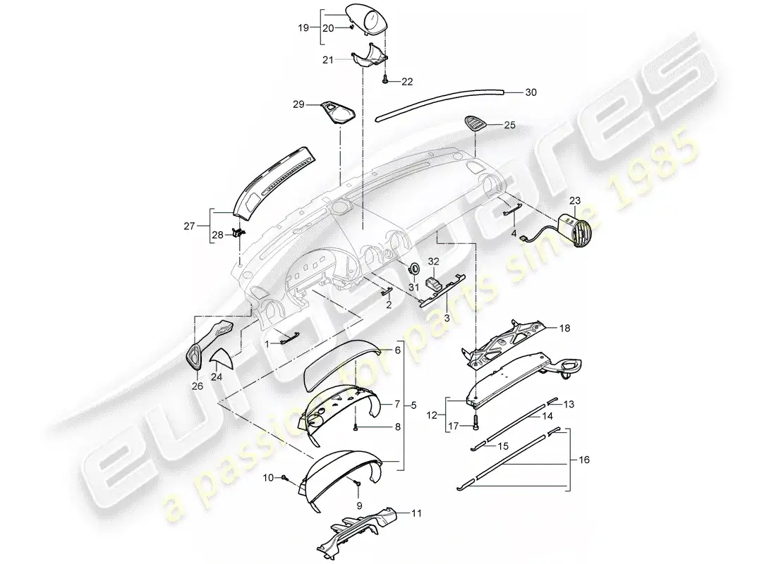 porsche 2005 (987 boxster) moldura del panel de instrumentos diagrama de piezas
