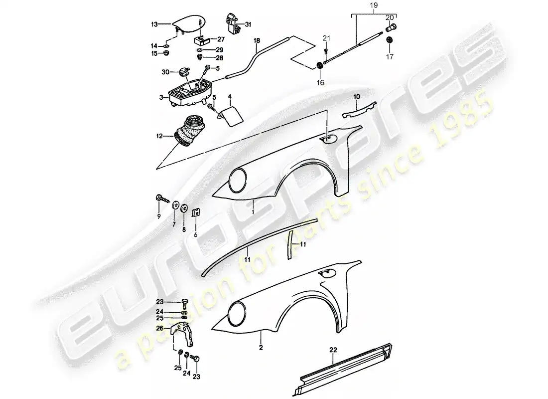 porsche 1987 (911) guardabarros - con: - copa de plástico para tanque - a medida uso material de taller diagrama de piezas