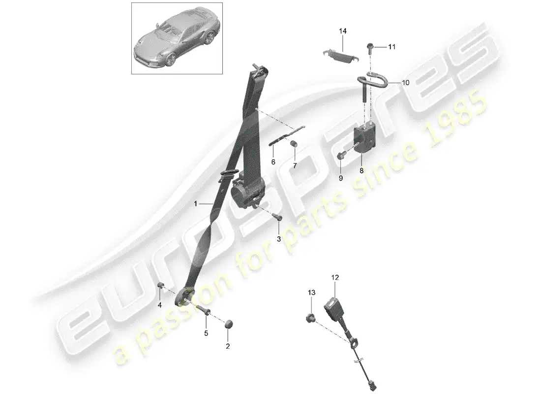 porsche 2019 (991-2 turbo) cinturón de seguridad de tres puntos diagrama de piezas