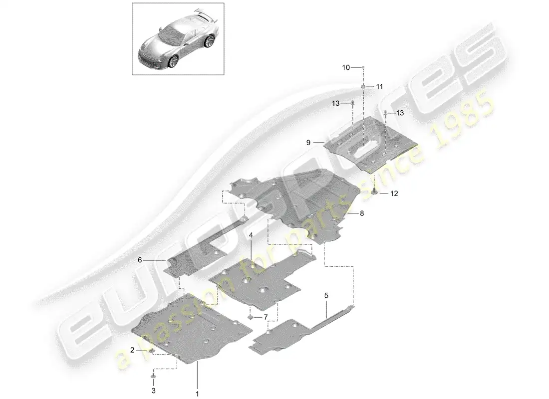 porsche 2014 (991-1 r/gt3/rs) revestimiento de bajos diagrama de piezas