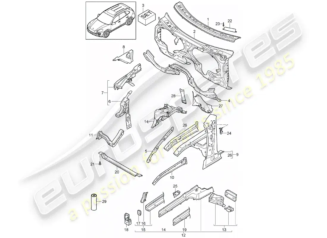 porsche 2013 (cayenne e2 92a) diagrama de piezas del extremo delantero
