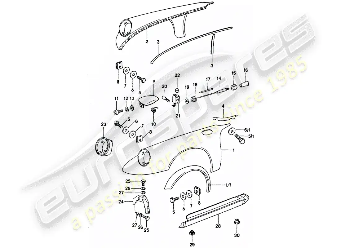 porsche 1975 (911 turbo) paneles exteriores diagrama de piezas