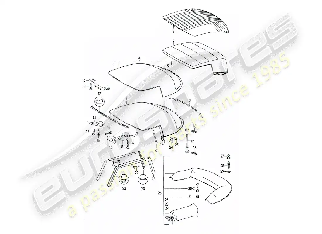 porsche 1965 (356b/356c) capota convertible - y - cubierta de capota convertible diagrama de piezas