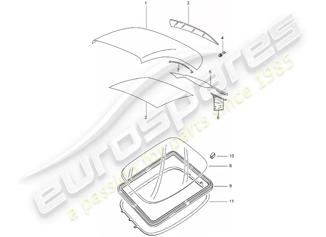 porsche 2005 (996) cubierta superior convertible - panel de adorno de techo diagrama de piezas