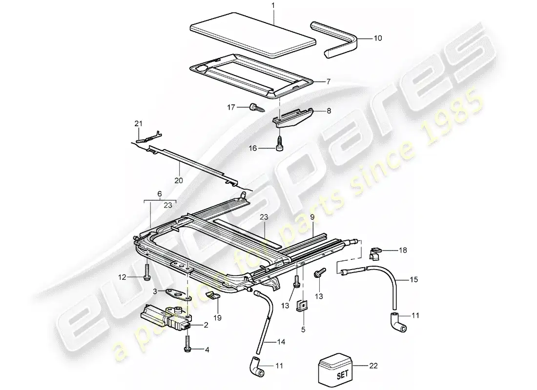porsche 2005 (996) techo corredizo de cristal diagrama de piezas