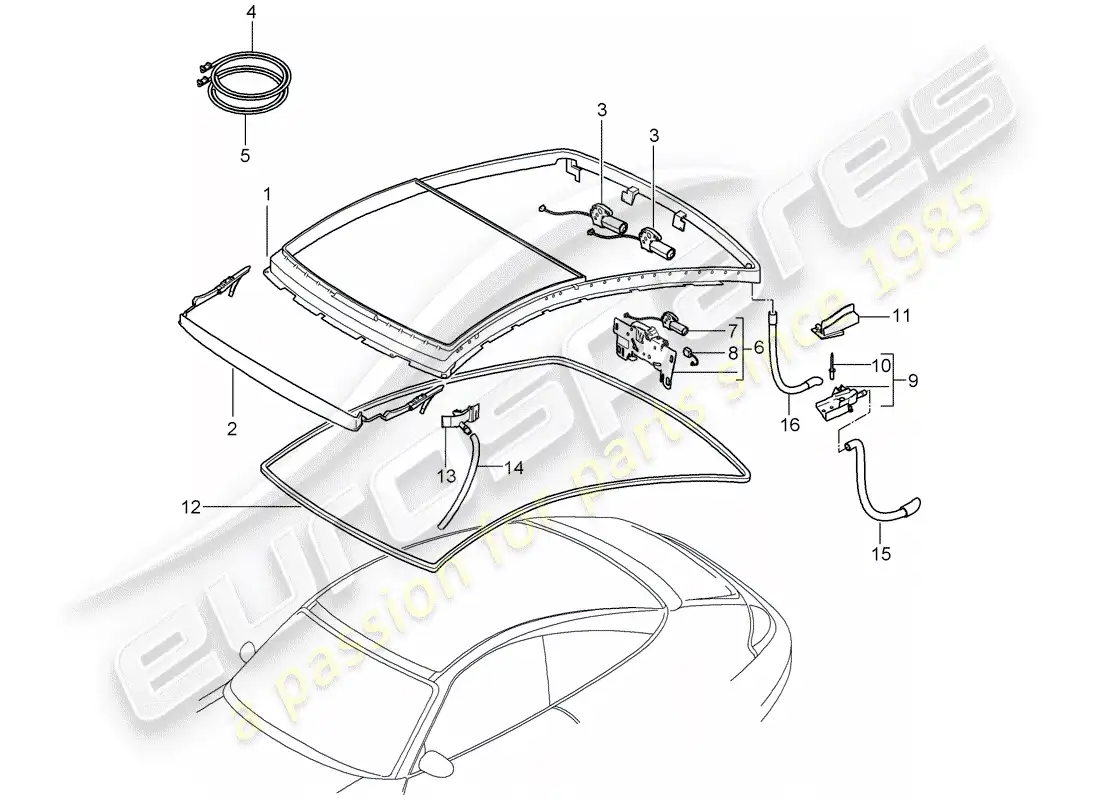 porsche 2005 (996) techo de cristal diagrama de piezas