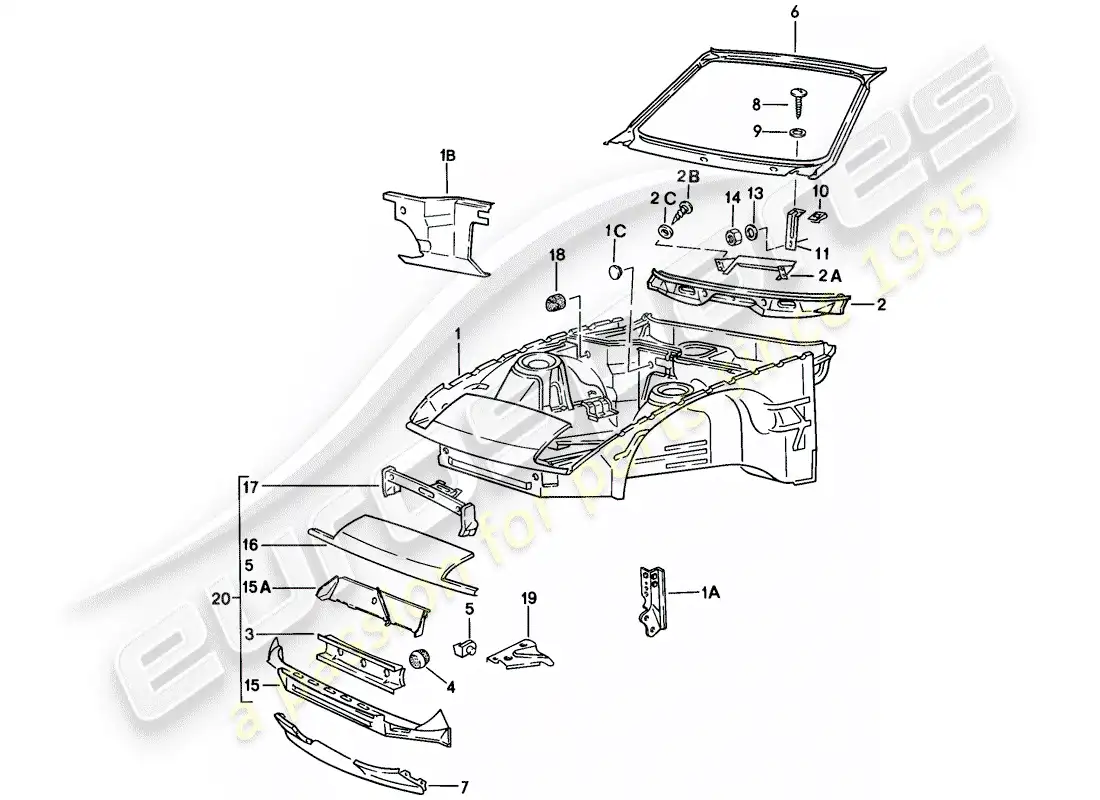 porsche 1978 (924) sección frontal del cuerpo diagrama de piezas