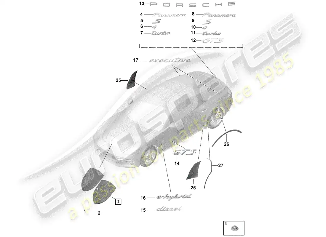 porsche 2019 (panamera 971-1) placas de identificación diagrama de piezas