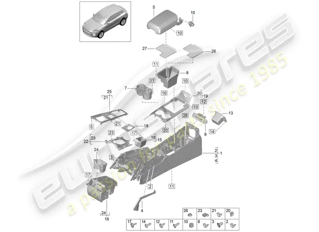 porsche 2019 (macan) center console diagrama de piezas