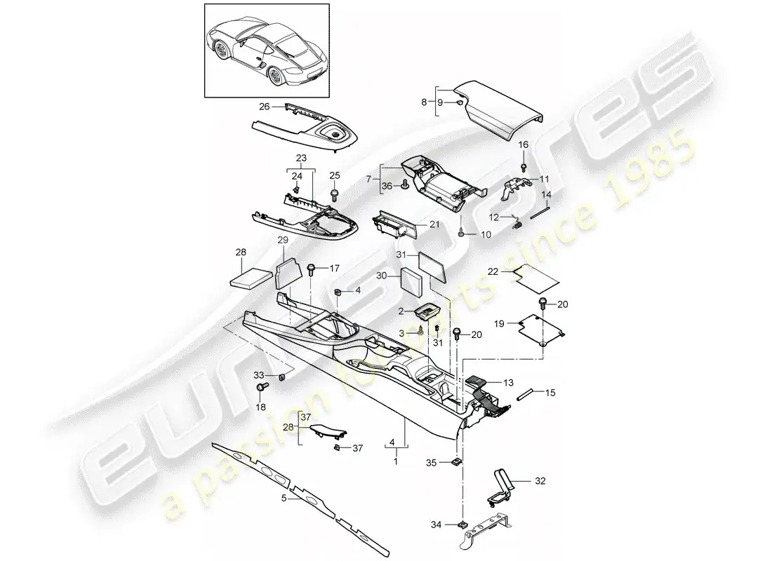 porsche 2009 (987 cayman) center console diagrama de piezas