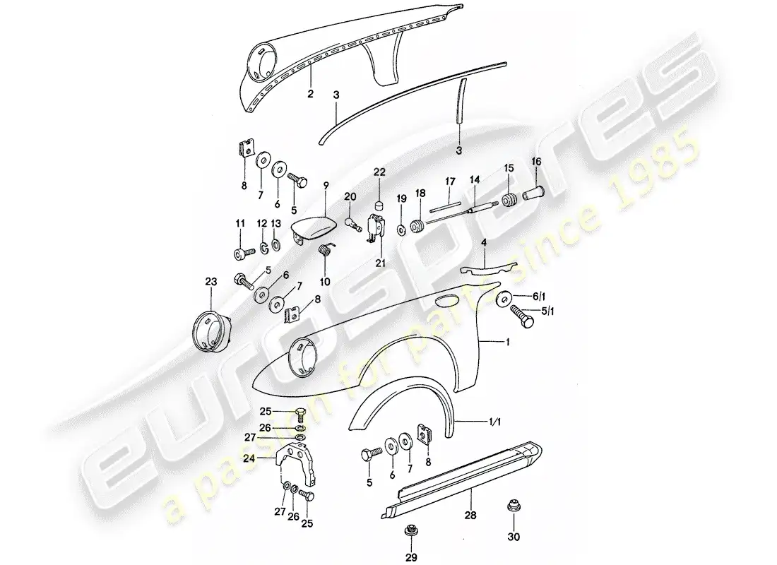 porsche 1975 (911) paneles exteriores diagrama de piezas