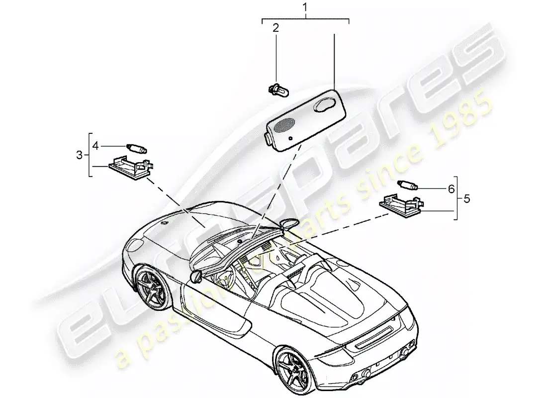 porsche 2004 (carrera gt) iluminación interior - lámpara del maletero - guantera diagrama de piezas