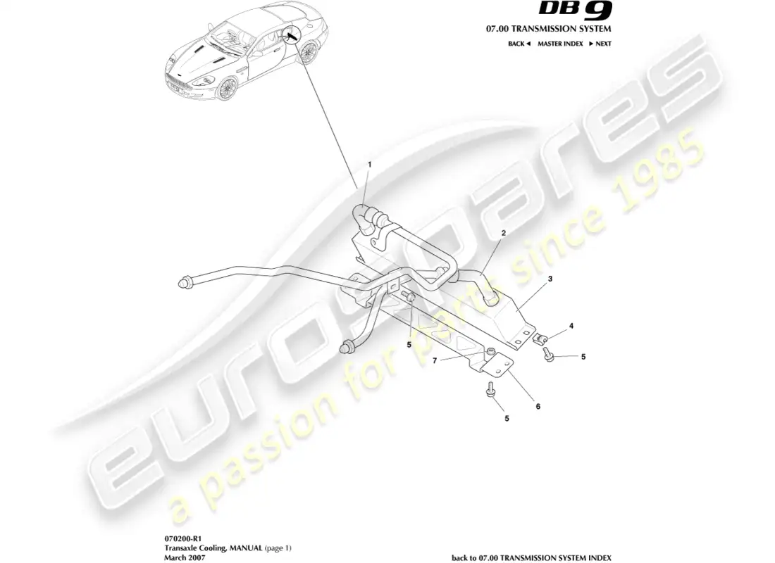 aston martin db9 (2008) refrigeración de la transmisión, manual diagrama de piezas