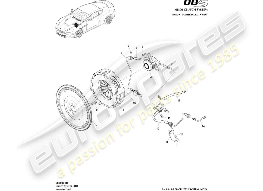aston martin dbs (2011) sistema de embrague, volante a la izquierda diagrama de piezas