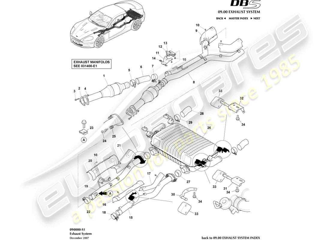 aston martin dbs (2011) sistema de escape diagrama de piezas