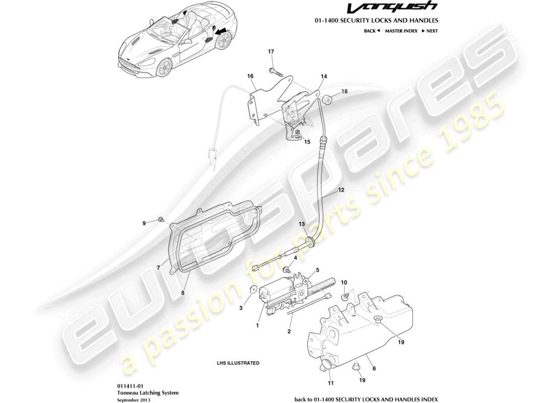 aston martin vanquish (2017) diagrama de piezas de pestillos tonneau